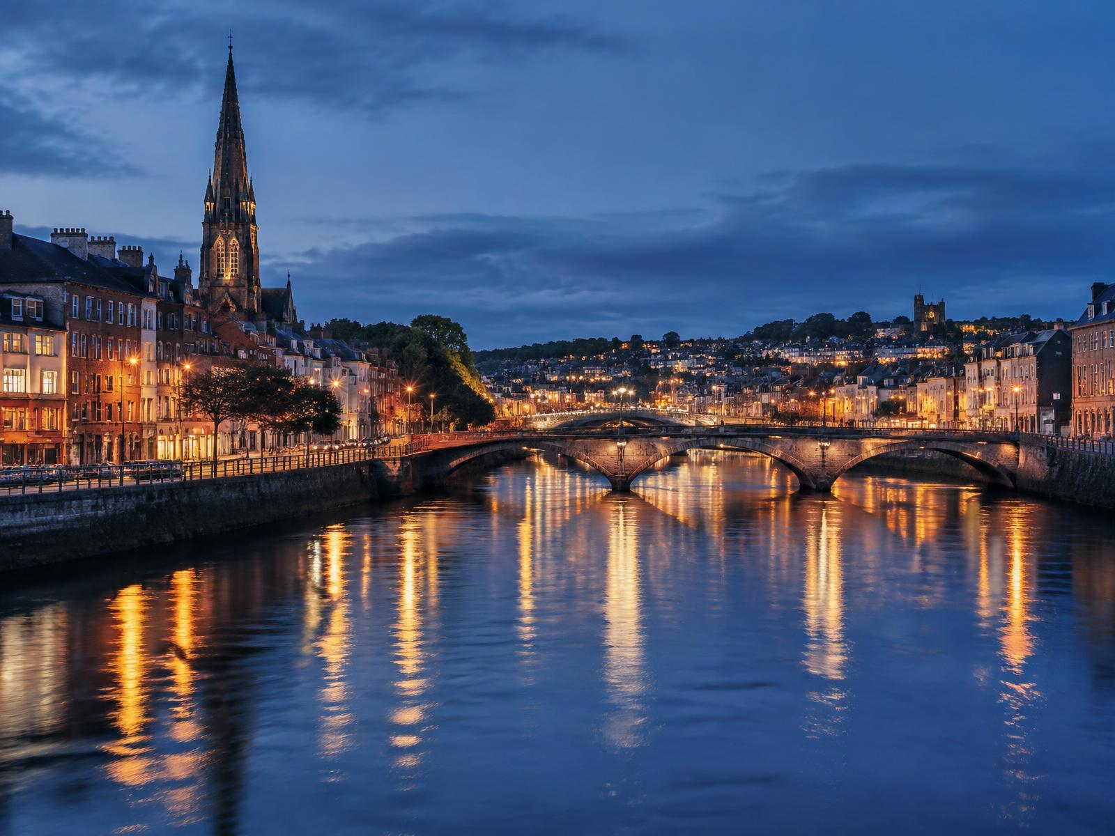 Cork city and the River Lee at blue hour